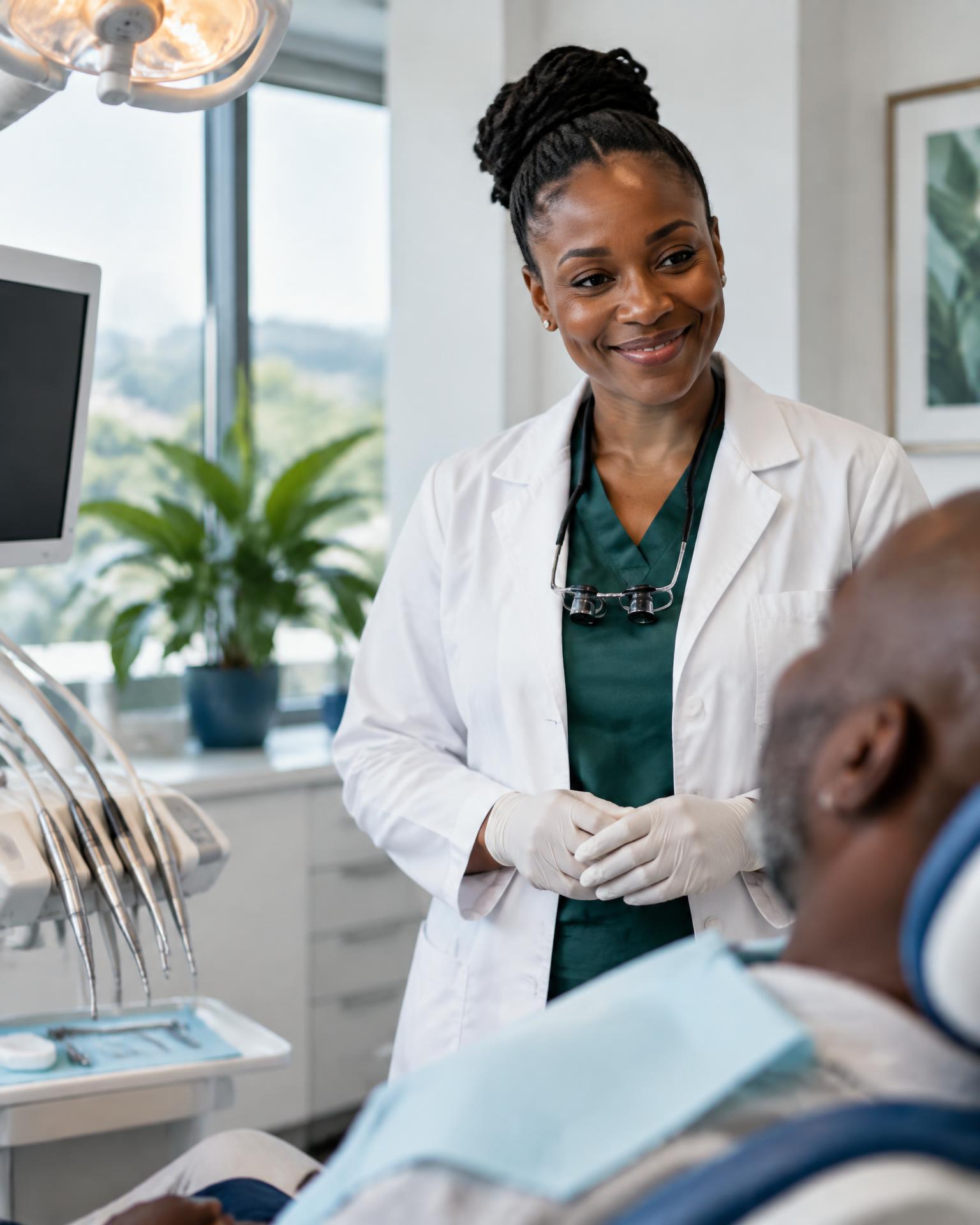 Une dentiste explique un soin à un patient assis dans un fauteuil dentaire, dans un cabinet lumineux.