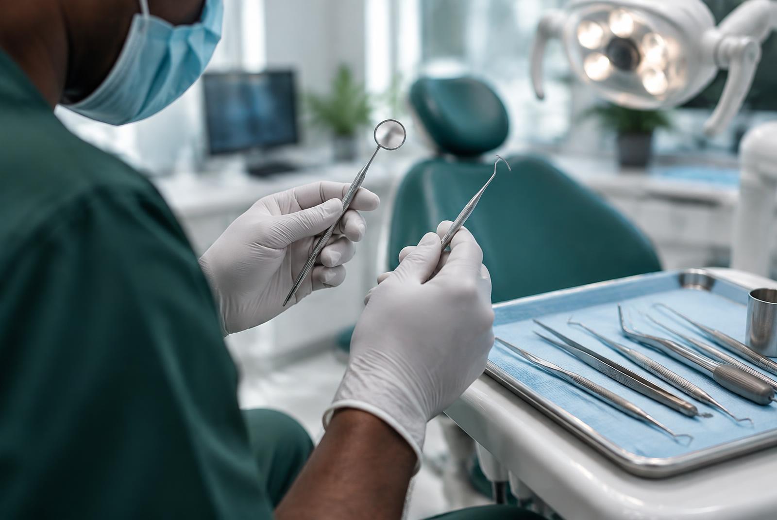 Une dentiste explique un soin à un patient assis dans un fauteuil dentaire, dans un cabinet lumineux.