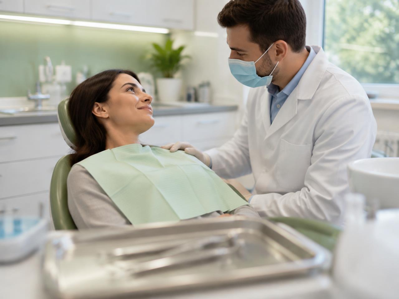 Un dentiste rassure une patiente assise dans un fauteuil, instruments stériles au premier plan.