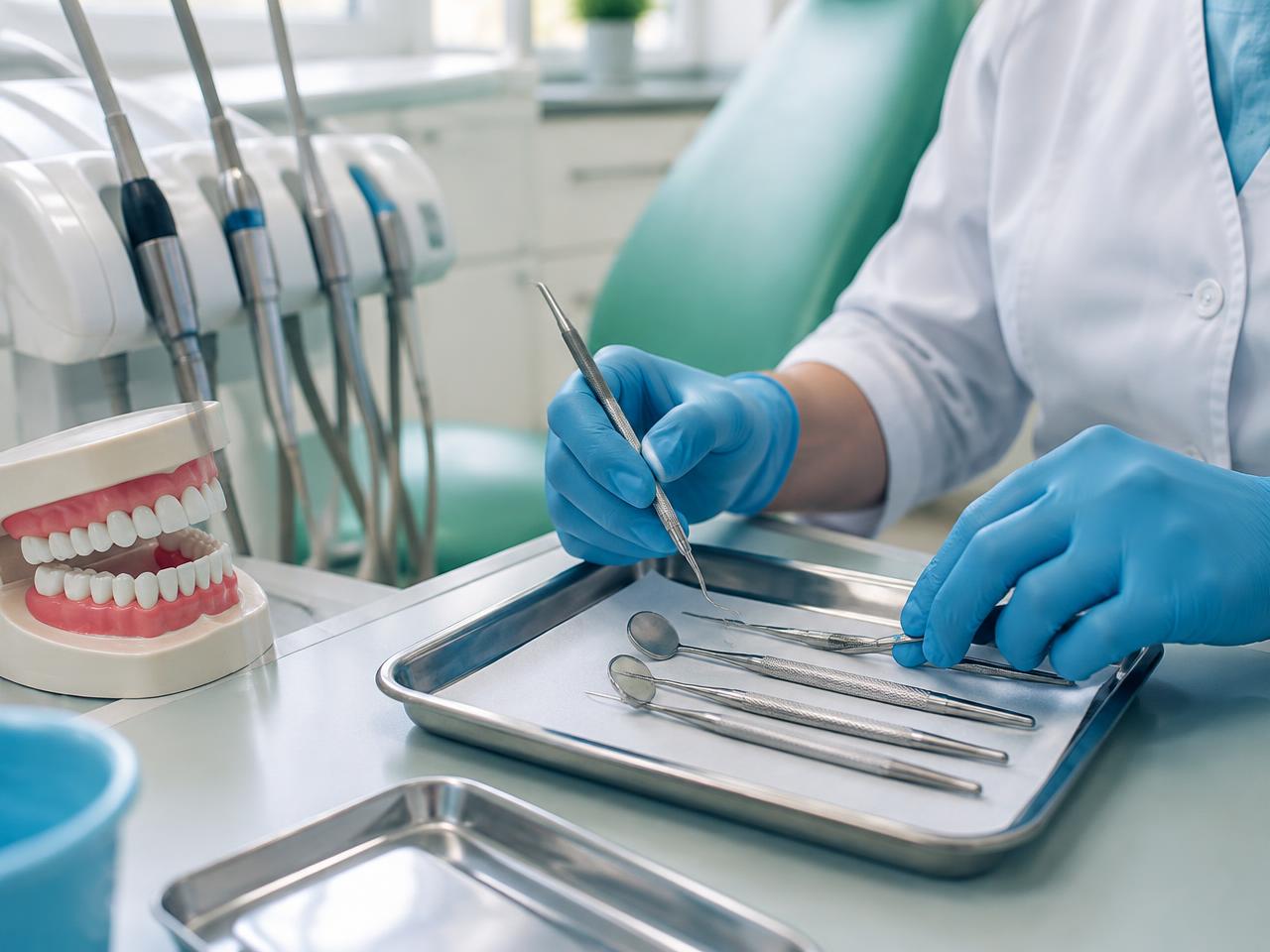 Instruments dentaires stériles disposés sur un plateau, à côté d'un modèle de dents.